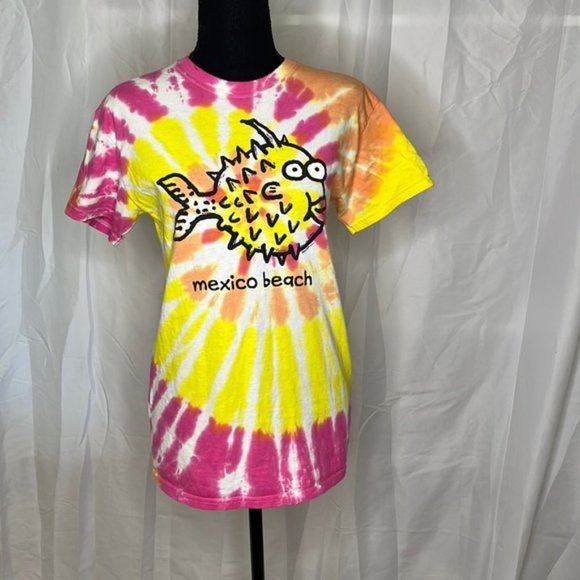 Mexico Beach Pink and Yellow Tie-Dyed Puffer Fish T-Shirt size Small - Picture 1 of 3
